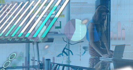 Image of data processing over caucasian businesswoman in office