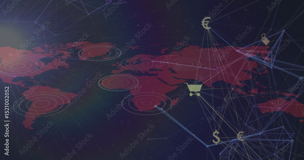 Poster image of network of connections with icons over world map
