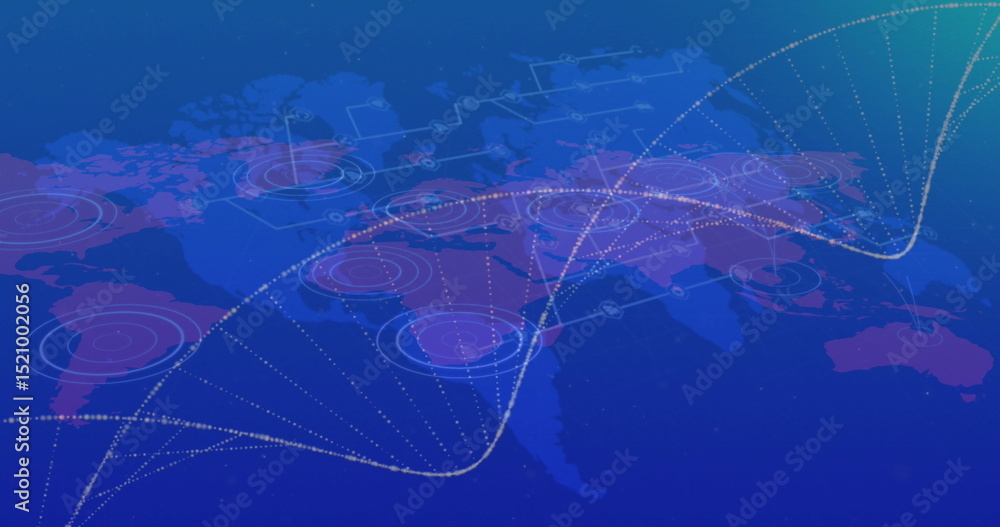 Poster image of dna strand over network of connections and world map