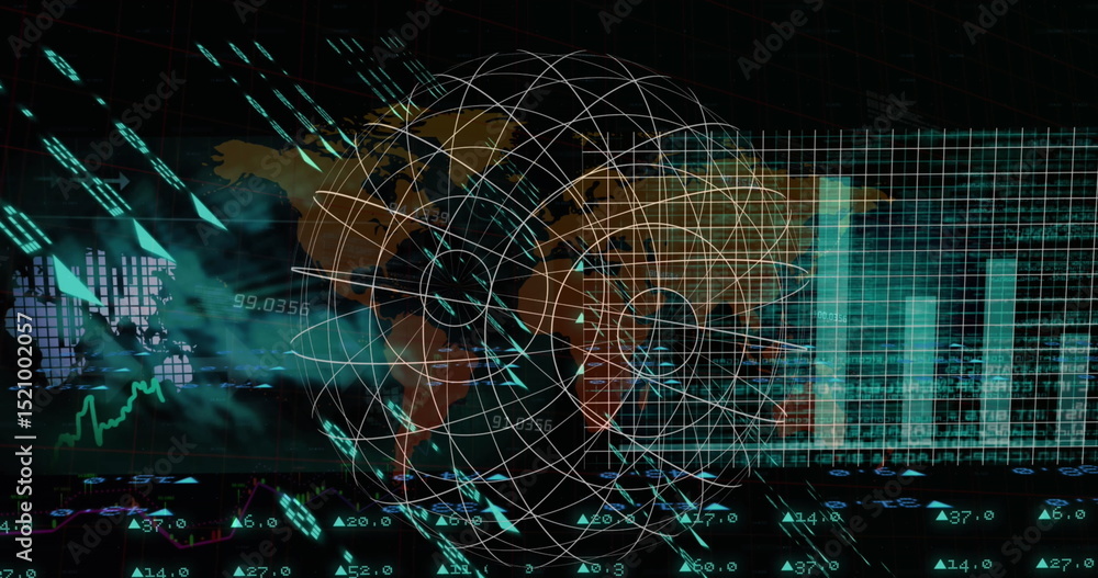 Poster image of data processing over world map and globe