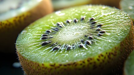 Intensely green kiwis, sliced and whole, in an abundant and natural composition