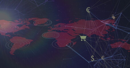 Image of network of connections with icons over world map