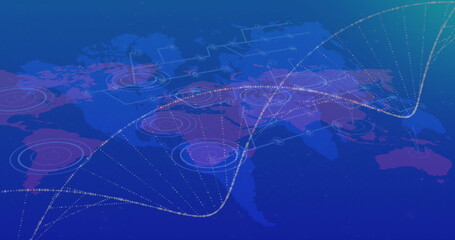 Image of dna strand over network of connections and world map