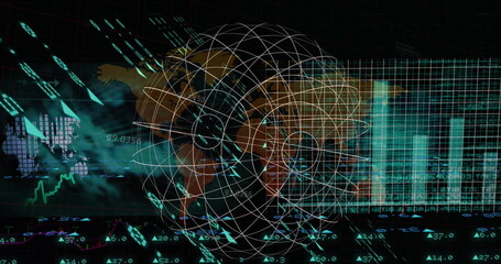 Image of data processing over world map and globe