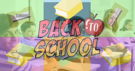 Image of back to school text and icons over diverse schoolchildren