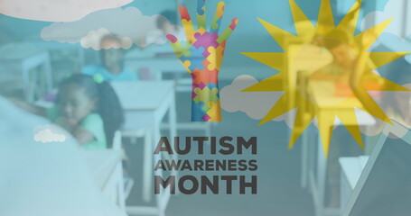 Image of autism awareness month text and icons over diverse teacher and schoolchildren