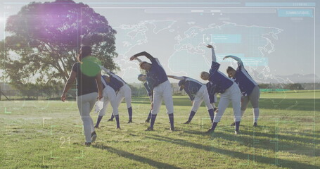 Image of data processing over diverse female baseball players exercising