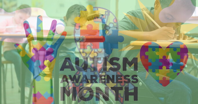 Image of autism awareness month text and icons over diverse schoolchildren