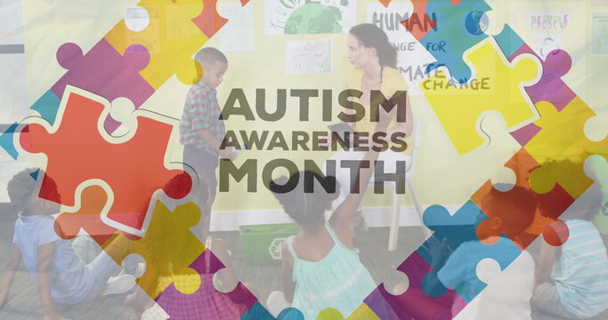 Image of autism awareness month text and icons over diverse teacher and schoolchildren - Powered by Adobe