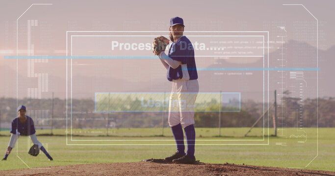 Fototapeta Image of world map and processing over rugby player holding over sports stadium