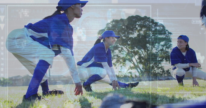 Image of data processing over diverse female rugby players