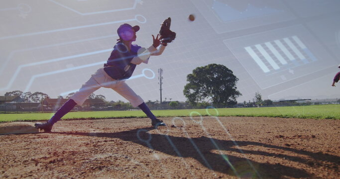 Image of data processing over diverse female baseball players