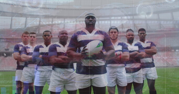 Image of data processing over diverse male rugby players