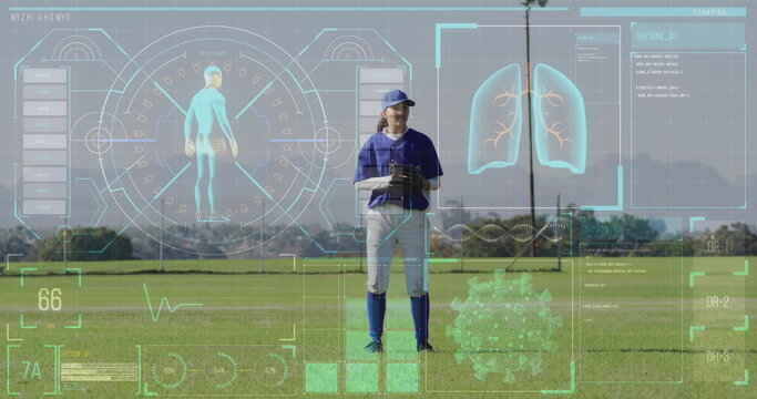 Image of data processing over caucasian female baseball player