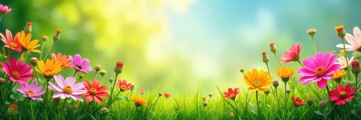 Vibrant wildflowers blooming profusely along a sunny, grassy border, creating a lush, positive and natural frame Perfect for spring, summer, nature, and growth themes , nature, grass, green