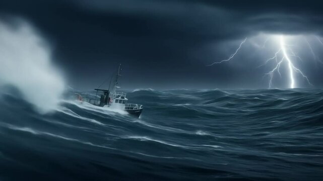 A boat navigating a stormy sea with massive waves and lightning strikes. Danger and challenge concept. Weather and climate change footage.
