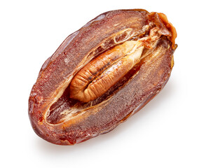 Semi-dried date cut in half isolated on white background. File contains clipping path.