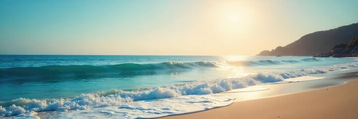 Vast, tranquil ocean stretching to the hazy horizon Sun-kissed waves gently lap the shore, creating a serene coastal scene Perfect for travel, nature, and serenity themes , beach, panorama, tranquil