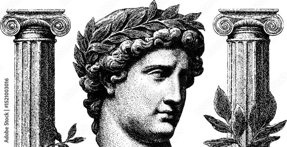Poster classical engraved illustration of busts with columns and laurel wreath design