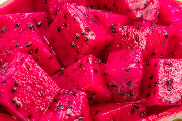 Dragon fruit cut in cubes close up.