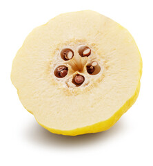 Cross section of quince fruit with brown seeds isolated on white background. File contains clipping path.