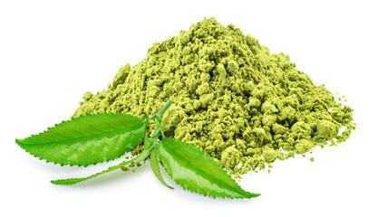Matcha tea, finely ground powder and green tea leaves on white background. File contains clipping path.