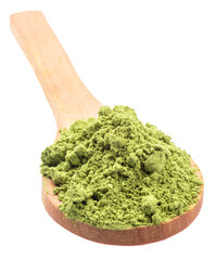 Wooden spoon of matcha tea, finely ground powder of green tea on white background. File contains clipping path.
