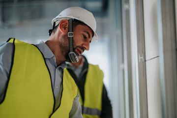 Worker on-site evaluates work quality among colleagues, emphasizing safety and ensuring construction adheres to planned guidelines in an active construction environment