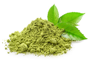 Matcha tea, finely ground powder and green tea leaves on white background. File contains clipping path.