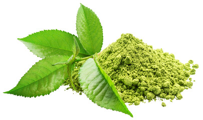 Matcha tea, finely ground powder and green tea leaves on white background. File contains clipping path.
