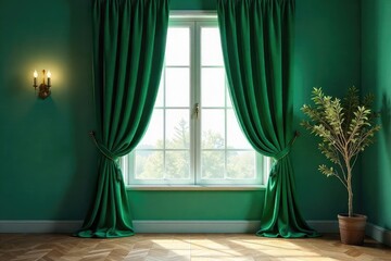 Luxurious velvet curtains in a rich emerald green, elegantly draped to frame a window, adding a touch of sophistication to any home interior , room decor, modern curtains