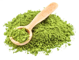 Wooden spoon of matcha tea, finely ground powder of green tea on white background. File contains clipping path.