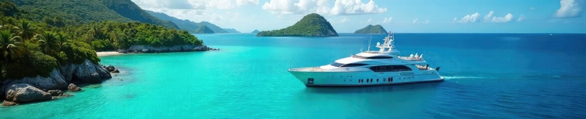 Luxury cruise ship at anchor in a vibrant tropical bay, surrounded by lush green islands and crystal-clear turquoise water Perfect for travel, vacation, and paradise themes , resort, ship
