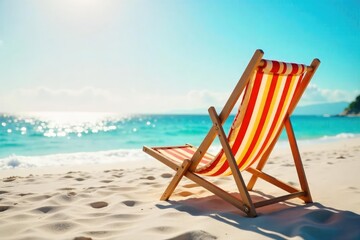 Relaxing striped deck chair on a sunny beach, perfect for summer holidays and vacations Enjoy the tranquil seaside scene and vibrant colors , seaside, sun, holiday