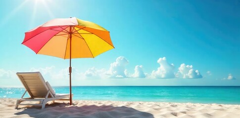 Serene scene of a colorful umbrella providing shade on a sunny day, perfect for relaxation and tranquility Ideal for summer, vacation, and well-being themes , tranquility, scene, unwind