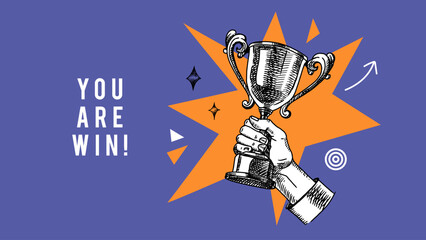 Vector sketch sport background with trophy collage. Winner hand drawn vintage illustration.