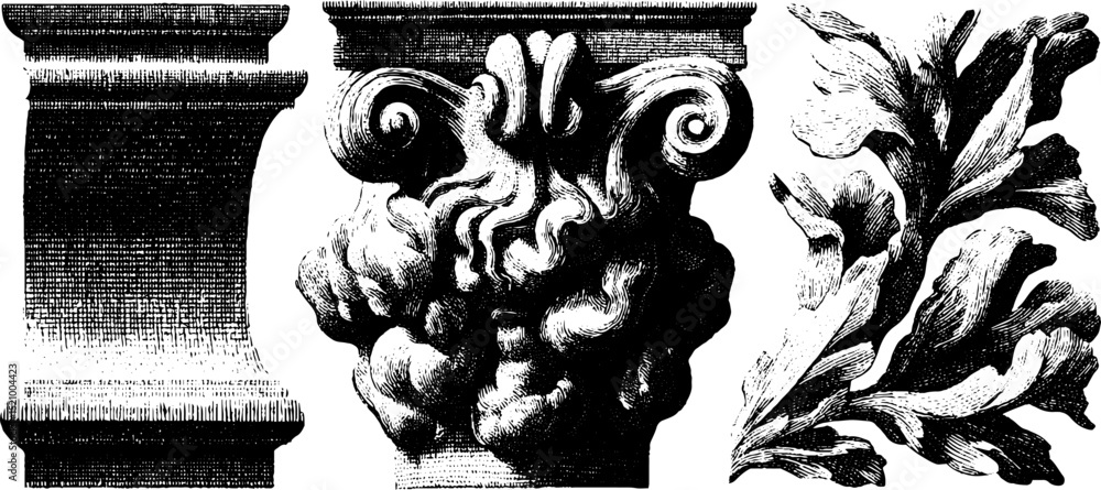 Poster intricate engravings of classical statues and architectural elements for art and design