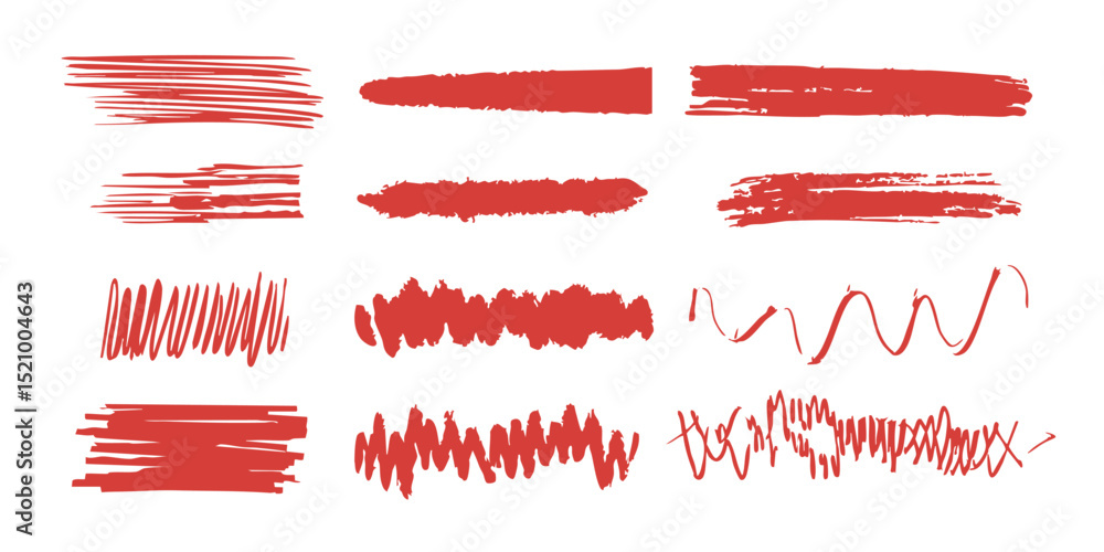 Poster red brush stroke and scribble set. artistic expression and design elements collection. isolated vect