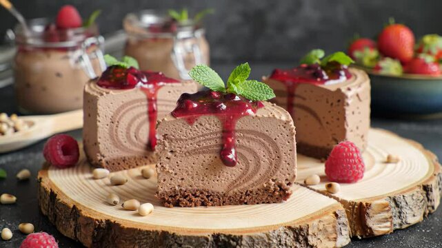 Chocolate mousse cake slices with berry compote and mint on rustic wood, smooth orbiting close-up