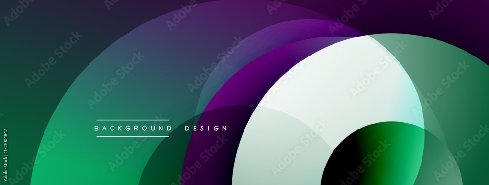 Poster Abstract overlapping circles create dynamic gradient background. Modern design uses vibrant green, purple, white hues. Minimalist aesthetic.