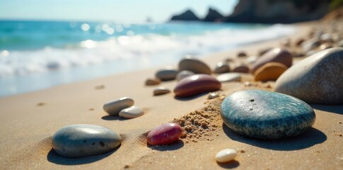 Smooth, colorful beach rocks glistening under the bright sun, various sizes and textures displayed on the sandy shore Perfect for nature, travel, and geology themes , color, light
