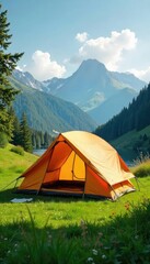 Spacious family dome tent pitched in a lush green meadow, ready for a camping adventure Enjoy the picturesque view and the vast open space , forest, meadow