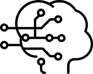 digital brain vector outline icon on white or transparent background