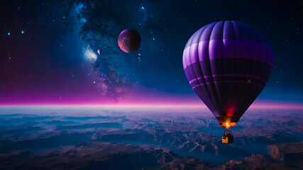 A hot air balloon is flying very high at night. Outer space landscape view of the sky full of stars. A beautiful fantasy background. AI-Generated