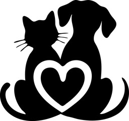 Dog and Cat Silhouettes with Intertwined Heart 