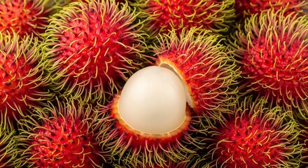 Red and hairy rambutans, some opened showing white pulp