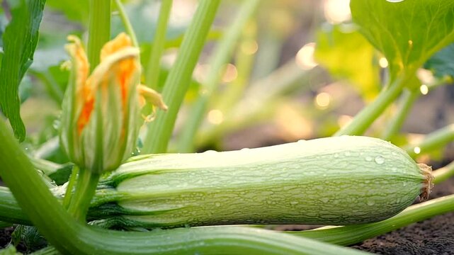 Fresh zucchini growing in a garden with vibrant flowers and sunlight in the background