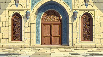 Obraz premium A detailed castle facade with a grand arched wooden door and two ornate windows features intricate Middle Eastern inspired architectural elements and warm sunlight.