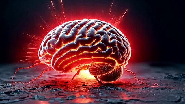 Glowing red neural brain model on dark cracked surface with bright energy aura and science fiction lighting
