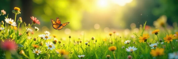 Sun-drenched meadow in summer, wildflowers in bloom, vibrant green grass, idyllic pastoral scene, perfect for nature backgrounds Butterflies flutter amongst blossoms , peace, colorful